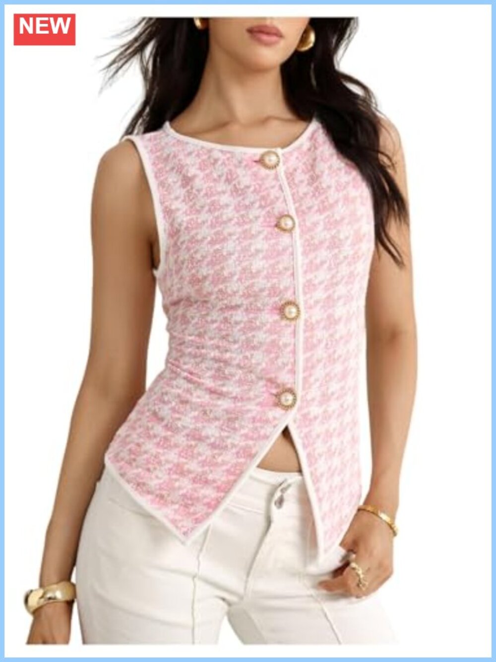 Women's Houndstooth Sleeveless Vest Top Button Up Split Hem Dressy Blouse